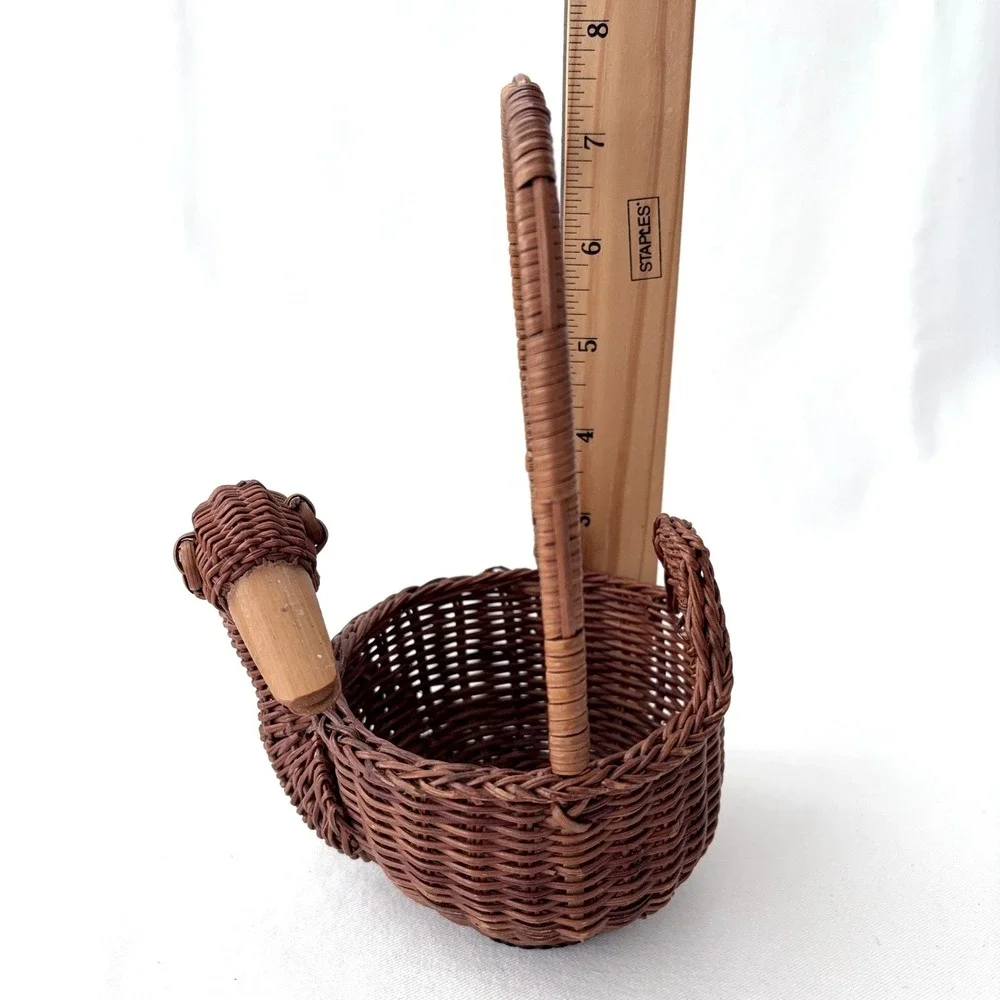 Vintage Small Brown Woven Wicker Duck Bird Basket with Handle and Wood Beak